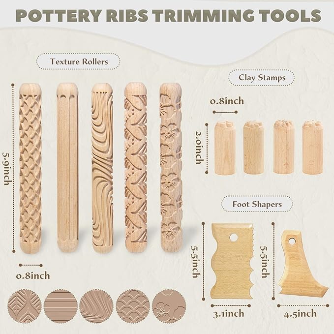 11 Pcs Clay Pottery Tools Kit with 5 Clay Texture Rollers,4 Clay Stamps,2 Foot Shapers Pottery Ribs Trimming | All-in-One Ceramic Carving Set for Clay Molding & Sculpting & Ceramics
