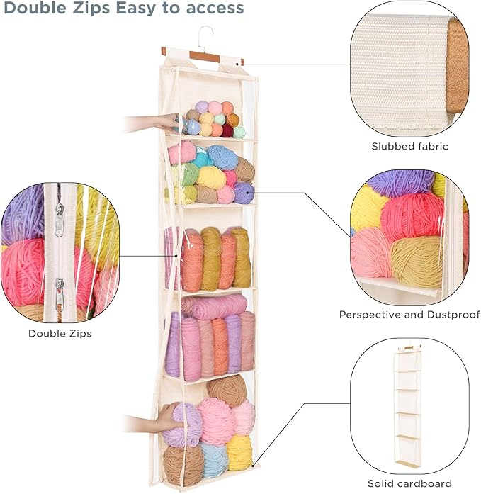 Hanging Yarn Storage with 5 Large Pockets, Clear Knitting Organizer Storage with Zippers for Crochet Lovers, Hanging Yarn Holder with Over-Door Hooks for Knitting Needles Crochet Hooks,Beige