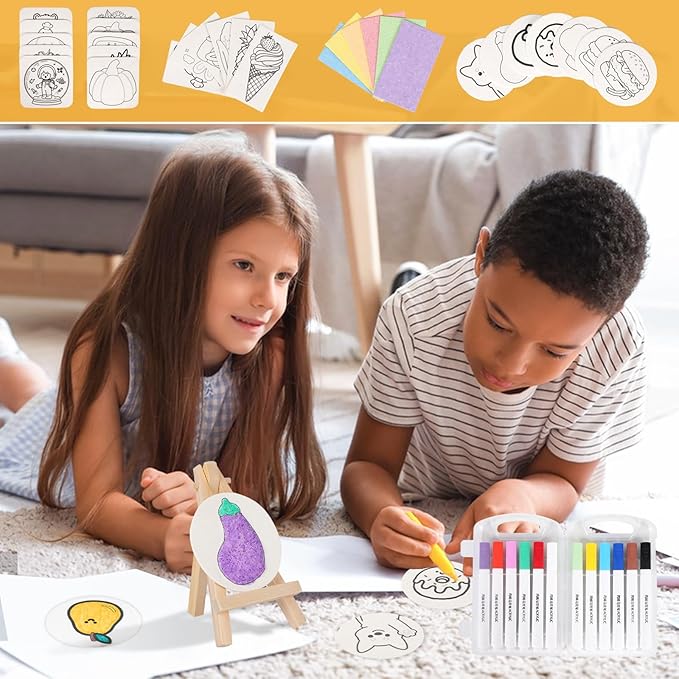 Crystalberry 45 Pcs Magic Foam Texture Painting Kit, Including 30 Pcs Foam Texture Papers, 12 Colorful Pens, 2 Soft-tip Water Pens, 1 Small Easel, for Creative DIY Arts, Crafts and Family Activities