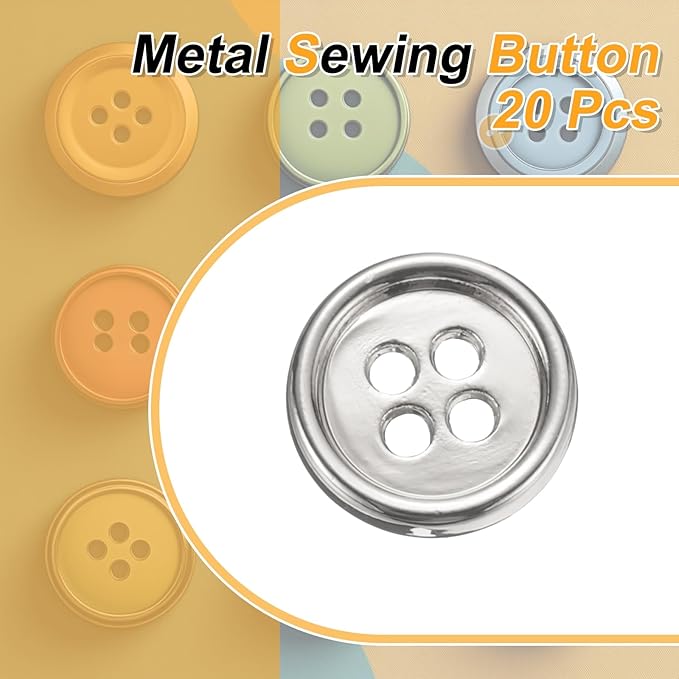 HARFINGTON 20pcs Metal Sewing Button, 12mm 4-Hole Round Suit Shirts Coats Clothes Sewing Buttons for Decoration Craft, Silver