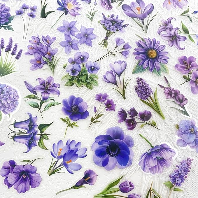 50pcs Purple Flower Transparent Stickers for Scrapbooking – Aesthetic Watercolor Floral Sticker Pack for Journaling, Resin Crafts, Laptop, Clear Botanical Decals