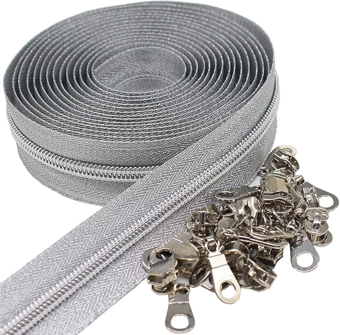 MebuZip #5 Silver Metallic Nylon Coil Zippers by The Yard Bulk Coil Zipper Roll 10 Yards with 25pcs Pulls for DIY Sewing Craft Bags (SilverTape)