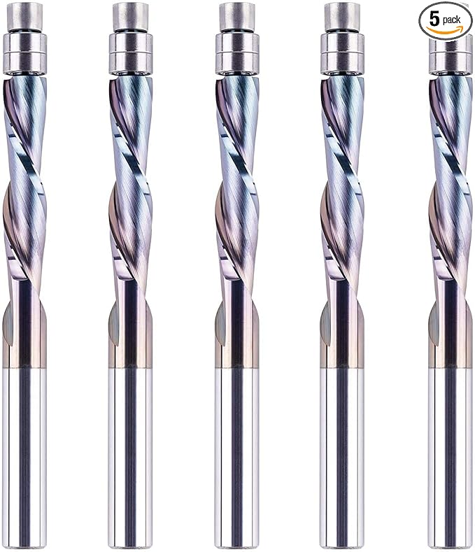 SpeTool 5PCS TAC Coated Flush Trim Router Bit 1/4 Shank, Down Cut Pattern Template Flush Cut Router Bit for Trimming Woodworking