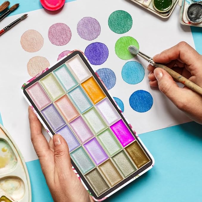 Portable Watercolor Paint Palette with Tins, Lightweight Empty Full Pans with Magnetic Squares, Metal Paint Tray Palettes for Travel, Acrylics Painting and Art, 20Full Pans,White Rose