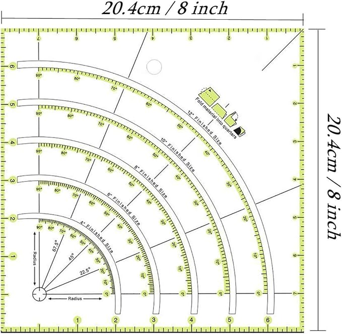 YEQIN Acrylic Quilting Ruler, ”8X 8" Multifunctional Arcs & Fans Quilt Circle Cutter Ruler with Double Colored Lines for Patchwork Sewing Craft Tools,Cutting Cloth Ruler Template