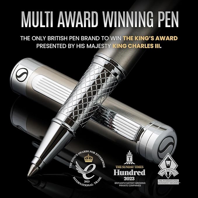 Scriveiner Stainless Steel Rollerball Pen - Stunning Luxury Metal Pen with Silver Chrome Finish, Schmidt Ink Refill, Best Roller Ball Pen Gift Set for Men & Women