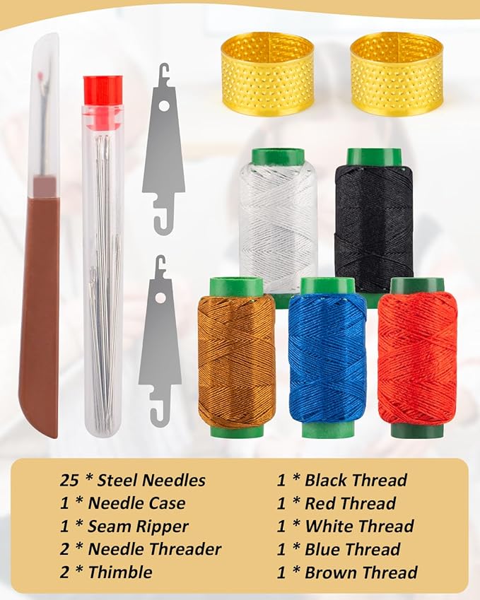 36 Pcs Sewing Tool Set, Premium Big Eye Steel Needles, Threader, Thimble, Seam Ripper & Threads Complete Needle Repair Kit for Hand SewingHand Sewing
