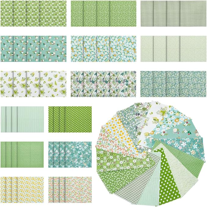 FREEBLOSS 60pcs Cotton Floral Fabric Bundle: 15 Different Patterns, Pre-Cut Quilt Squares, Green (with multiple colors in patterns)