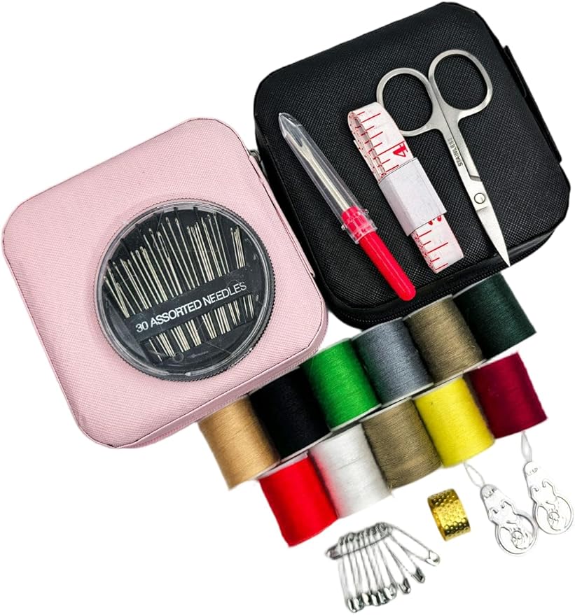 Portable Sewing Kit for Adults, Travel Sewing Supplies with Needles, Thread, Scissors, Zipper Repair Kit, Mini Emergency Sewing Set for Home, Office, Beginner & on-The-Go Repairs (Pink)