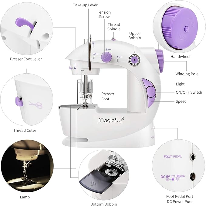 Magicfly Mini Sewing Machine with Extension Table, Dual Speed Portable Sewing Machine for Beginners with Light, Sewing Kit for Household Use, White