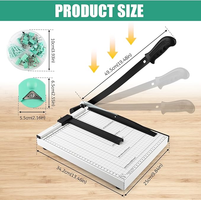 Paper Cutter with Corner Rounder,Paper Clips, Binder Clips and Push Pins Set,12" Heavy Duty Guillotine 18 Sheet Capacity - Metal Base Paper Trimmer with Safety Lock for Office, School, Crafting