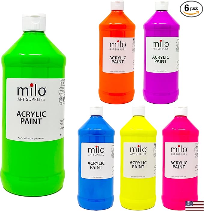 milo Fluorescent Acrylic Paint Set of 6 Colors | 32 oz Bottles | Student Neon Colors Acrylics Painting Pack | Glows UV in Black Light | Non-Toxic Art & Craft Paints for Artists & Hobby Painters | Made in USA