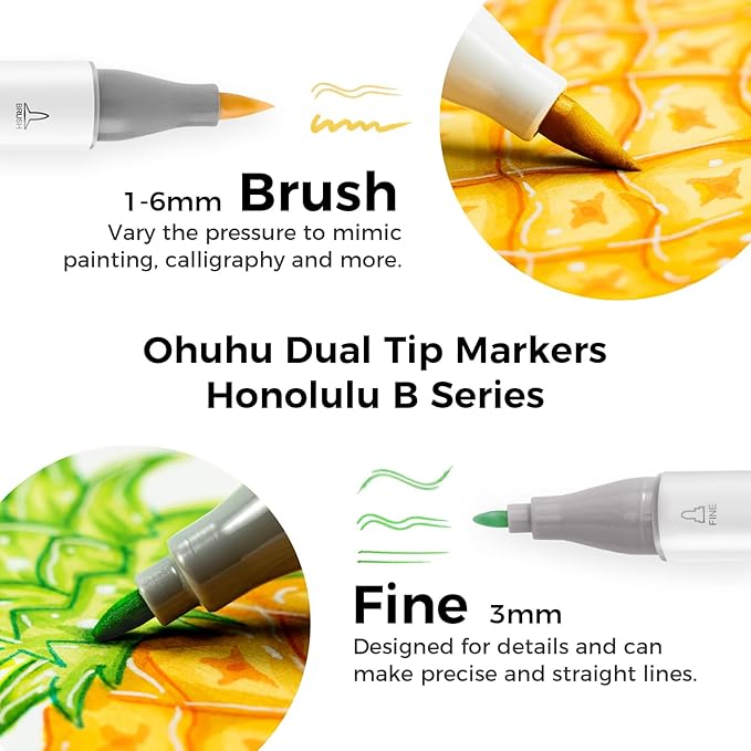 Ohuhu Alcohol Markers Brush Tip: 168-Color Double Tipped Art Marker Set for Artist Adults Coloring Illustrations -Honolulu B -Brush & Fine -Refillable