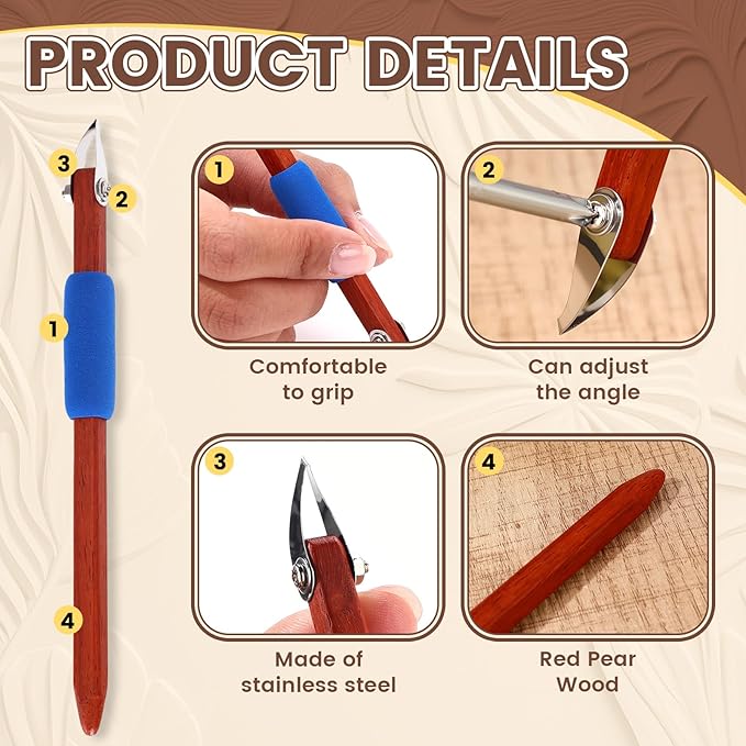 Lanties Pottery Carving Tools Set Include 5 Stainless Steel Blades & Red Pear Wood Handle, Sculpture Scraper Craft Modelling Tools for Clay, Ceramic Sculpting, Graffito, Relief Art (V-tip)