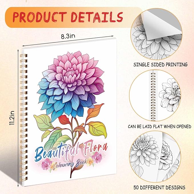 Tlenpo Floral Coloring Books for Adults, Spiral Bound 130gsm Thick Paper Non-Bleed, Alcohol Markers Coloring Books for Adults Relaxation, Anxiety Relief Gifts, Single-Sided Print with 50 Pages