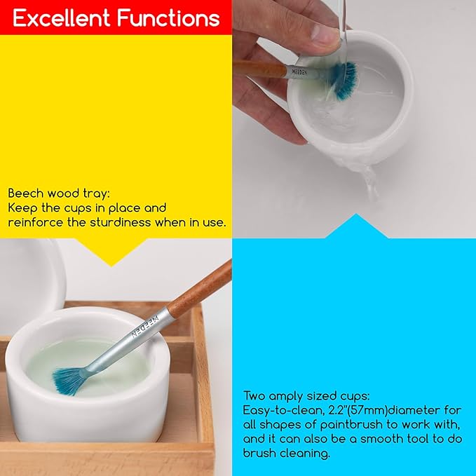 MEEDEN 2 Pack Porcelain Palette Cup, Ceramic Palette with Lid, Deep Well Oil Painting Cup, Artists Paint Water Cup, Oil Paint Dipper, Brush Wash Bowl with Beech Wood Tray