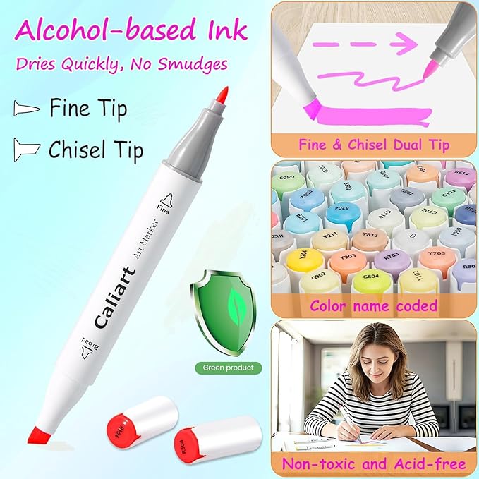 Caliart Art Markers, 41 Colors Alcohol Based Markers Pen Set Colored Dual Tip Fine & Chisel Permanent for Adults Coloring Book Drawing Illustration Sketch Highlighters Card Making