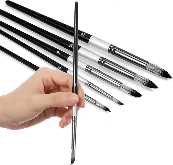 6Pcs Round Pointed Tip Paint Brushes Set Filbert Paint Brushes Nylon Paints Brush for Paints by Number for Acrylic Oil Watercolor Gouache Painting Nylon Hair Art Brush for Beginners Professionals