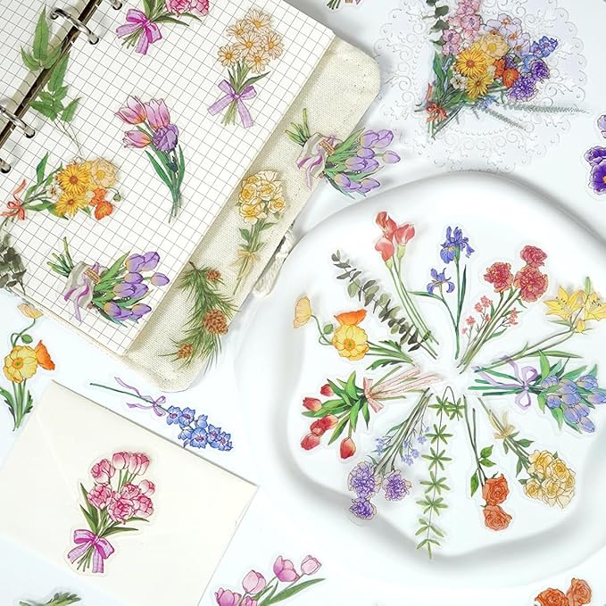 Natural Flower Stickers Set, Colorful Floral Plant PET Decals, Daisy Tulips Lily Rose Pine Branch Leaves Aesthetic Waterproof Stickers for Scrapbook Laptop Bottles DIY Crafts Journals