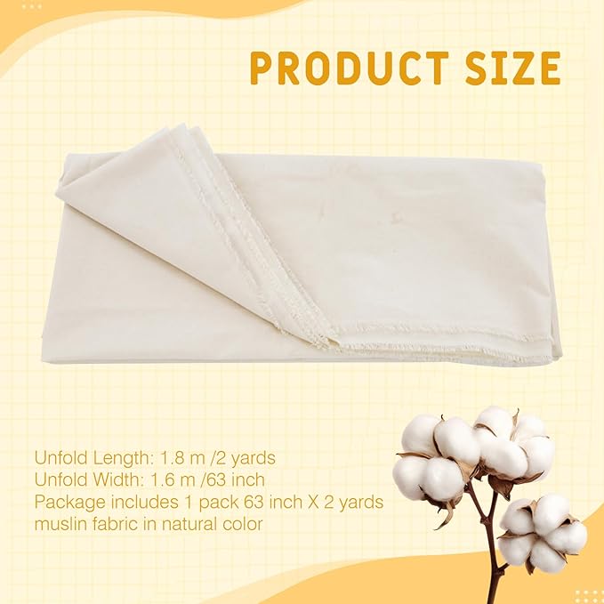 Beige Cotton Muslin Fabric, 63 Inch X 2 Yards Natural 100% Cotton Fabric by The Yard, Suitable for Sewing Embroidery, Garments, Crafts