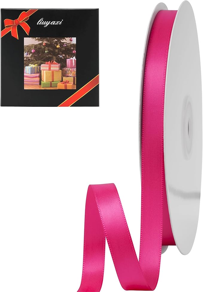 LIUYAXI Hot Pink Stain Ribbon, 1/2" X Continuous 50 Yards, Double Faced Fabric Ribbon Perfect for Gift Wrapping Wedding Christmas Birthday Floral Arrangement Craft