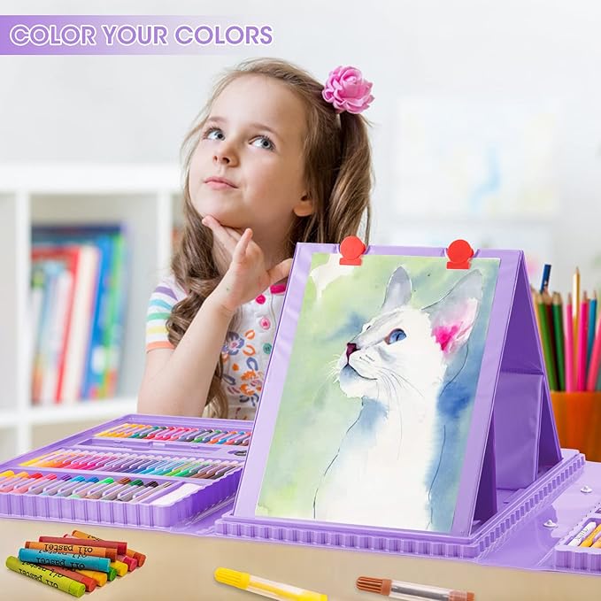 VigorFun Art Supplies, 240-Piece Drawing Art Kit, Gifts for Girls Boys Teens, Art Set Crafts Case with Double Sided Trifold Easel, Includes Sketch Pads, Oil Pastels, Crayons, Colored Pencils (Purple)