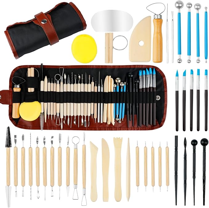 41PCS Clay Sculpting Tools Kit, Pottery Tools with Organizer Storage Bag, Wooden, Stainless Steel Plastic Clay Tools, Sculpting Tool for DIY Handcraft, Modeling, Ceramic Carving