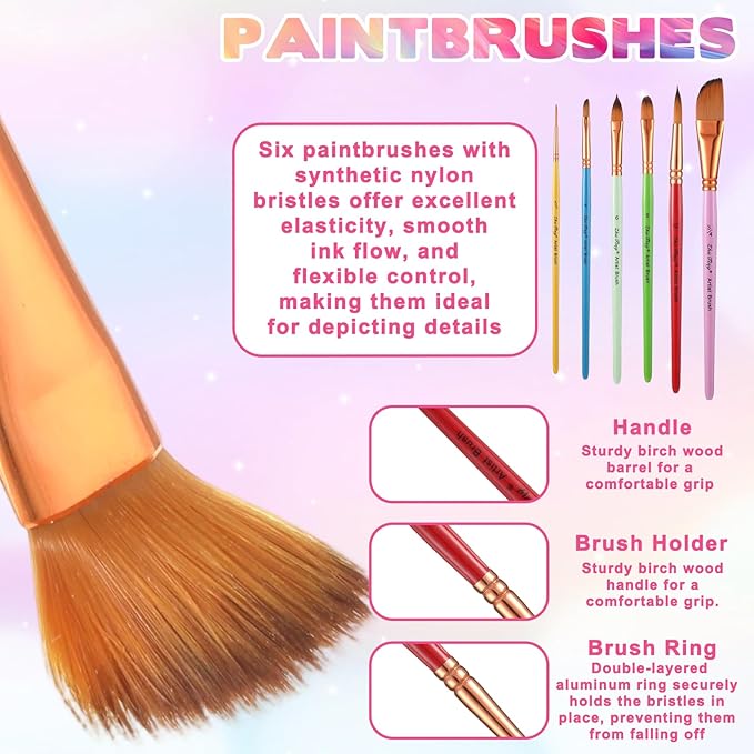 6 Pack Face Paint Brush Set, Synthetic Bristles in Different Sizes Shapes Oil Watercolor Acrylic Paint Brush Aesthetic Pastel Artist Paints Brushes for Body Nail Body Art Craft Canvas Rock, Multicolor