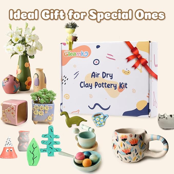 Air Dry Clay for Adults - Pottery kit for Beginner, Air Dry Clay w/Air Dy Clay Tools,White Dry Clay,Sculpting Tools, Gloss Varnish,DIY Plate Making Kit for Arts & Crafts,Christmas Gift