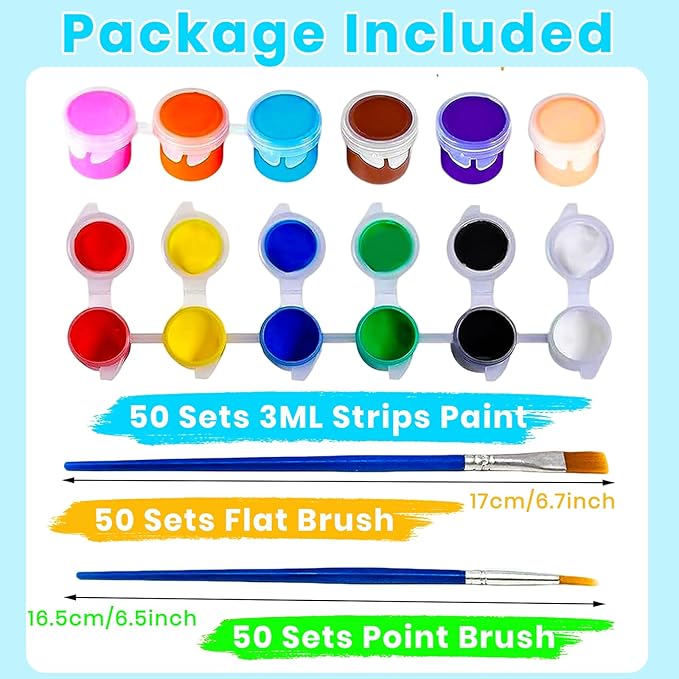 50 Pack Mini Acrylic Paint Set, 12 Colors Washable Acrylic Paint Strips with 100Pcs Painting Brushes for Kids&Adults Paint, 700PCS Kids Painting Kit for Birthday Party Favor, Classroom, Art Gift
