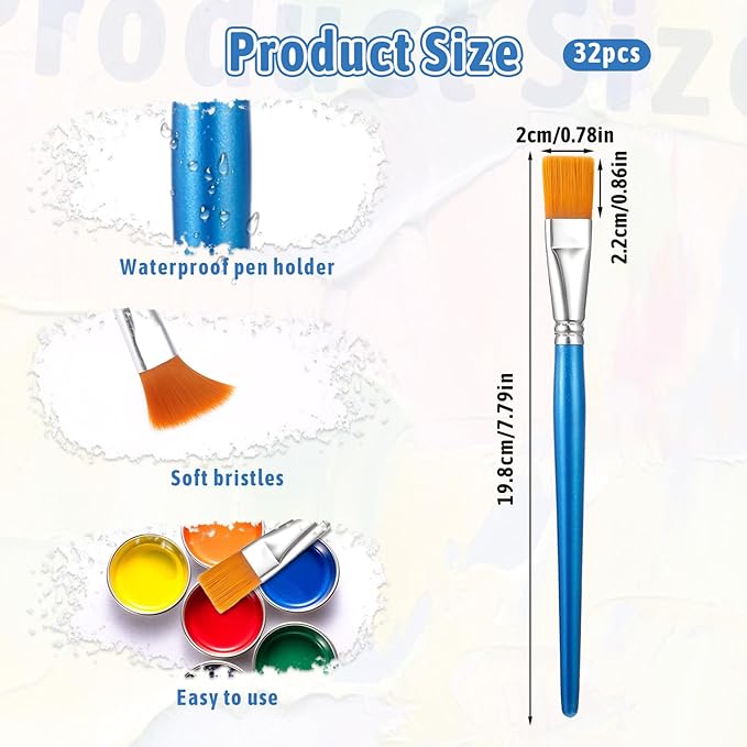 32 Pcs 3/4 Inch Flat Paint Brushes for Acrylic Painting Watercolor Large Acrylic Paint Brush Artist Painting Brush with Wooden Handles for Acrylic, Watercolor, Oil, Crafts, Face Body Art
