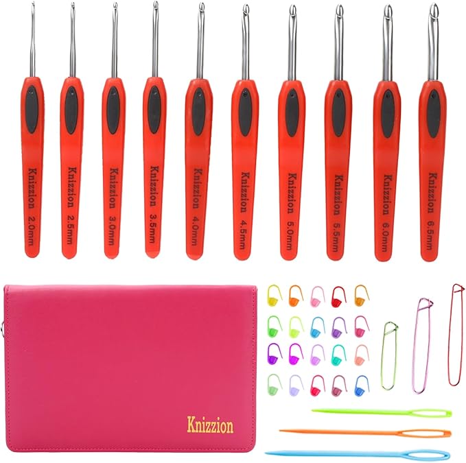 37 pcs Crochet Hooks Set, 10 Sizes (2.0-6.5mm) Stainless Steel Crochet Hooks with Ergonomic Handles with e Case，Perfect for Beginners and Professionals, Durable Crocheting Kit for All Yarn Projects