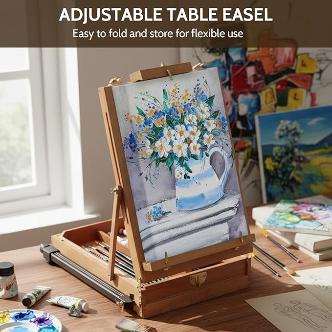 Falling in Art Light Weight French Style Field and Sketchebox Easel with Aluminum Tripod, Adjustable Beechwood Tripod Standing Easel with Drawer, Palette