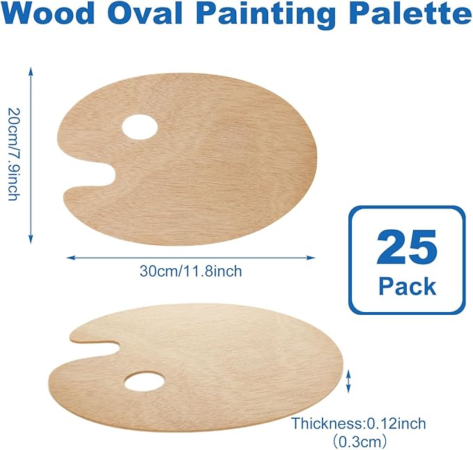 25 Pack Wood Painting Palette, Oil Wooden Paint Palette, Oval-Shaped Artist Painting Palette with Thumb Hole, Art Pallet for Painting (8 x 12 Inches)