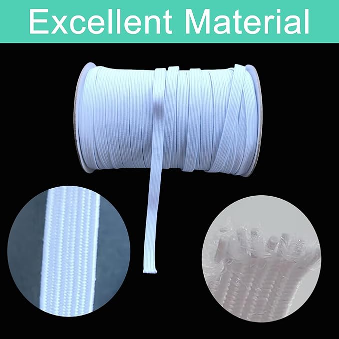 1/4 Inch White Elastic Band 50 Yards High Stretchy Flat Elastic Cord for Sewing & Crafts | Includes Sewing Scissors & Elastic Threader Tool