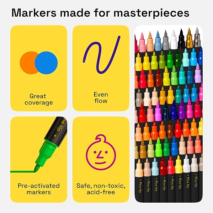 ARTISTRO 80 Dual-Tip Fabric Markers - Fabric Decorating Kit - Permanent for Clothes - No Bleed Pens for T-Shirts, Bags, Textile, Canvas, and More (Brush Tip and Fine Tip)