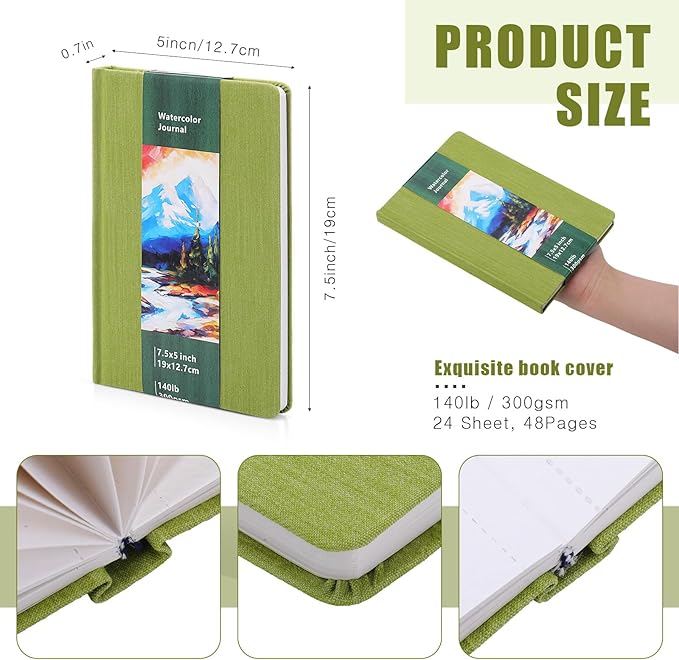 Dispowreath 7.5 x 5 in Watercolor Sketchbook Journal Square Watercolor Notebook Cold Press 140lb 300gsm Cotton Paper 48 Pages Journals Notebook Paper Pads(Green)