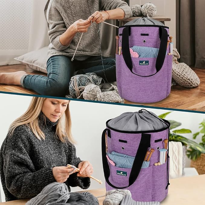 PAVILIA Crochet Bag Knitting Bag Organizer, Yarn Bag Storage Tote for Crocheting On The Go, Knitting Accessories Supplies Holder with Grommets, Gift for Crochet Lovers Knitters (Heather Purple)