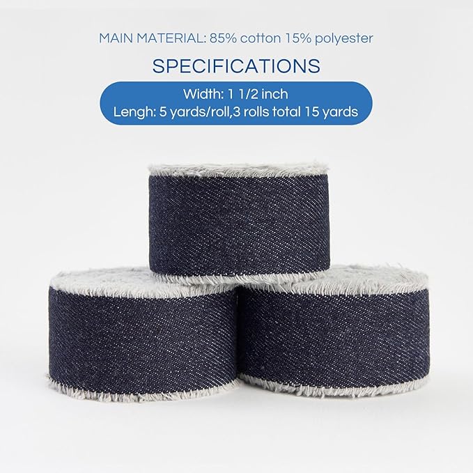Dark Blue Denim Ribbon for Crafts Handmade Rustic Frayed Cotton Jean Fabric Ribbon for Flower Bouquet 15 Yards 1 1/2 Inch Cloth Ribbons for Gift Wrapping Hair Sewing Accessories Holiday Decor