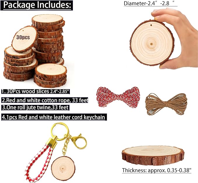 SENMUT Unfinished Wood Slices 30pcs 2.4"-2.85" Wood Circles for Crafts Predrilled Natural Wood Rounds Wooden Discs Christmas Wood Ornament for Crafts
