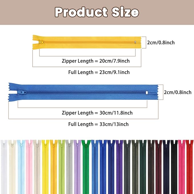 Zippers for Sewing, DOITEM Nylon Coil Zippers, 48 pcs 30 cm /12 Inch and 20 cm/8 Inch Multicolor Nylon Coil Zips for Sewing and Crafts 24 Colors, 8Inch 10Inch 48pcs