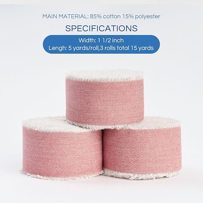 Pretty Jolly Pink Denim Ribbon for Crafts Handmade Rustic Frayed Cotton Jean Fabric Ribbon for Flower Bouquet 15 Yards 1 1/2 Inch Cloth Ribbons for Gift Wrapping Hair Sewing Accessories Holiday Decor