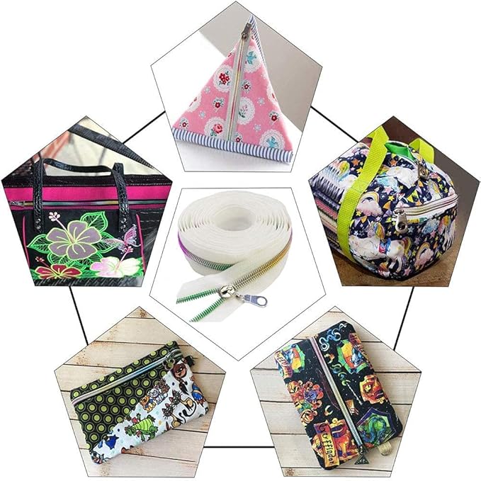 MebuZip #5 Colorful Metallic Nylon Coil Zippers by The Yard Bulk Coil Zipper Roll 10 Yards with 25pcs Pulls for DIY Sewing Craft Bags (White)