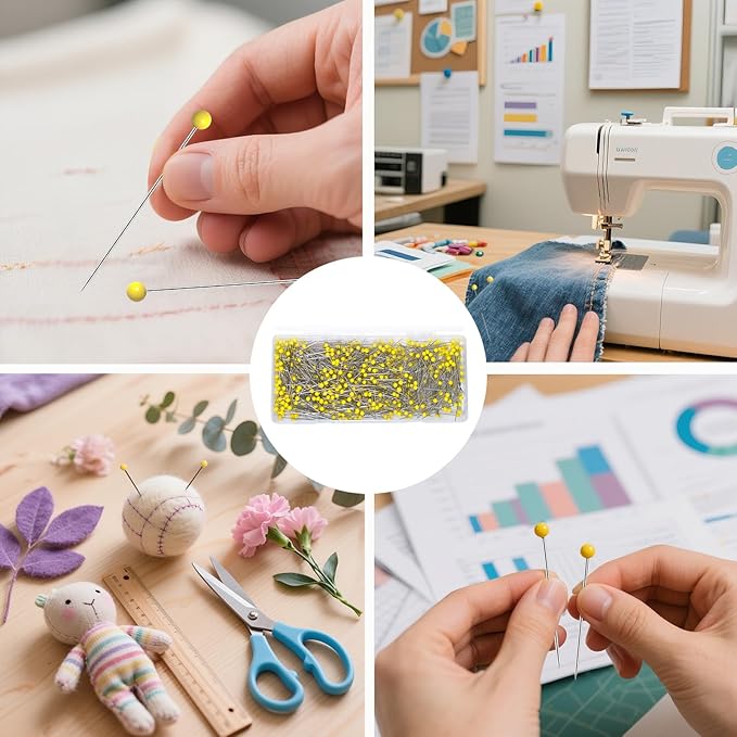 500 PCS Quilting Pins, 1.75 Inch Straight Pins with Yellow Glass Ball Head, Stainless Steel Dressmaker Pins for Sewing, Fabric, Crafts, Jewelry Making, DIY Projects