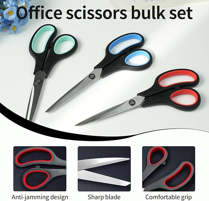 Scissors, 3-Pack 8" Heavy Duty Scissors with Ultra Sharp Blades and Comfort Grip Handles - For Office, Home, School, Sewing, and Crafts (Red, Green, Blue)