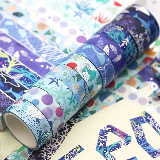 YUBX Ocean Blue Washi Tape Set 10 Rolls Silver Foil Print Decorative Masking Tapes for Arts, DIY Crafts, Journals, Planners, Scrapbook, Wrapping (Navy Silver)