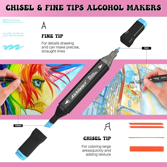 alchilalart 120-Colors Alcohol Based markers, Alcohol Markers Set, Dual Tip Alcohol Sketching Drawing Markers Animation for Adults Kids