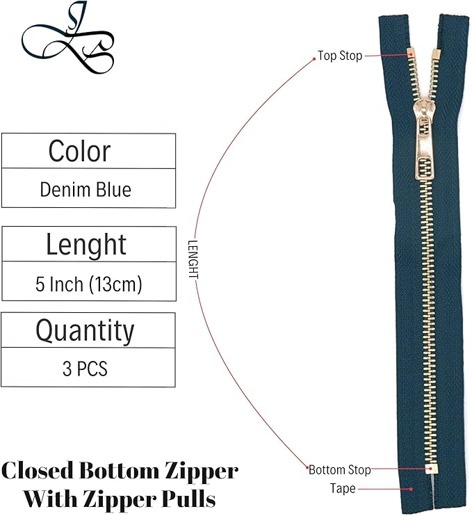 #5 Gold Metal Zipper - 50+ Colors - 3 PCS - (4-14 inches) Sizes - Luxury Lightweight Handcraft Metal Zippers with pulls for Purses Bags Pockets Shoes Sewing & Crafts DIY ZP02445
