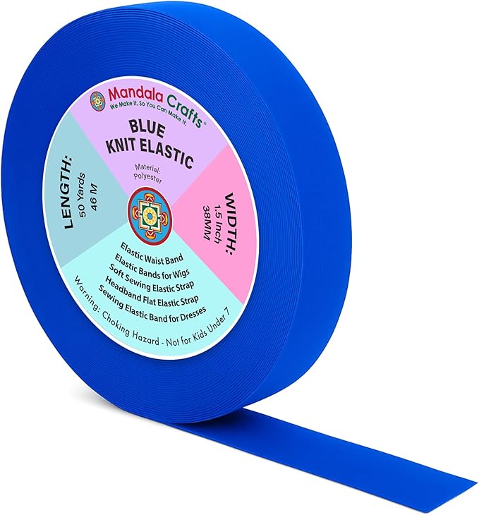 Mandala Crafts Wide 1.5 Inch Blue Elastic Bands Spool for Pants Waistbands Sewing and DIY Crafts, 50 YD Stretchy Flat Fabric Strap Knit Elastic Band for Wig