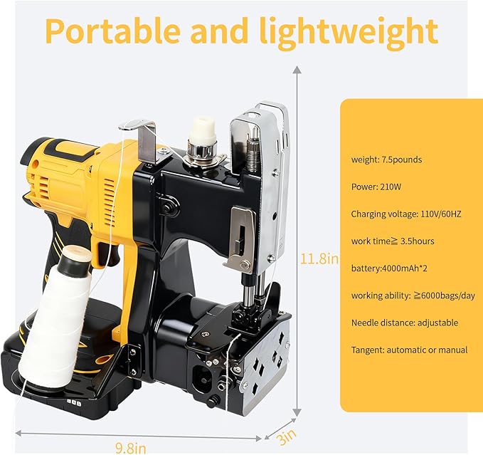 Cordless Bag Sewing Machine Includes 2×4000mAh Rechargeable Batteries,Take 2 Spools of Thread And 10 Needles,Portable Bag Closer Machine for Burlap Bag,Tote Bag,Grain Bag